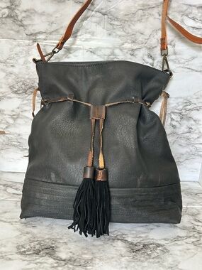 Free People | Black Washed Leather Hobo Tote Bag shoulder bag  with tassels